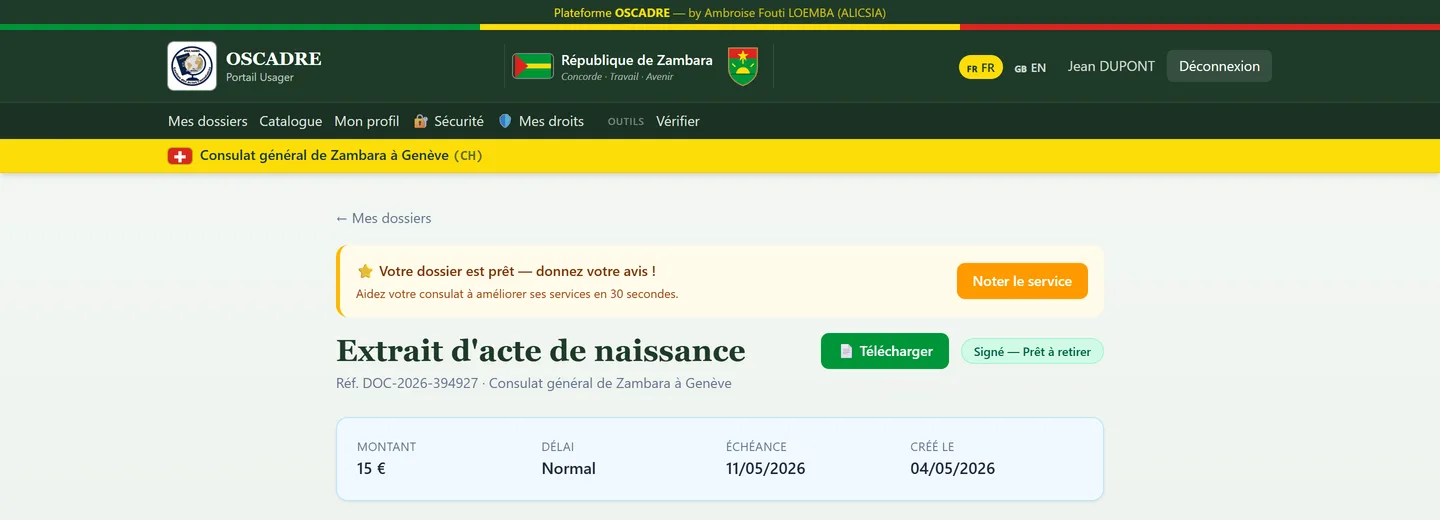 Le dossier d'un ressortissant dans OSCADRE : acte signé, prêt à retirer et téléchargeable