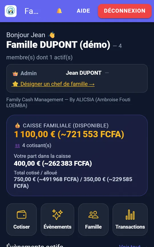 Tableau de bord de l'application FACAM : caisse commune, part de chaque membre et événements en cours